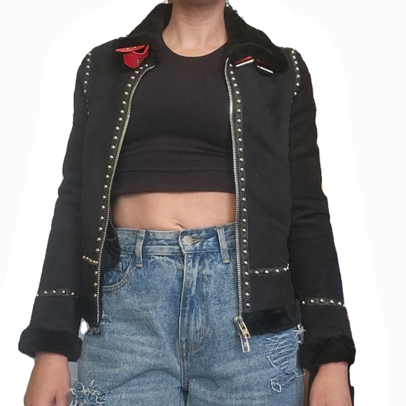 Givenchy Paris Black Shearling Wool Red Leather Studded Moto Jacket Size Medium - Picture 4 of 16